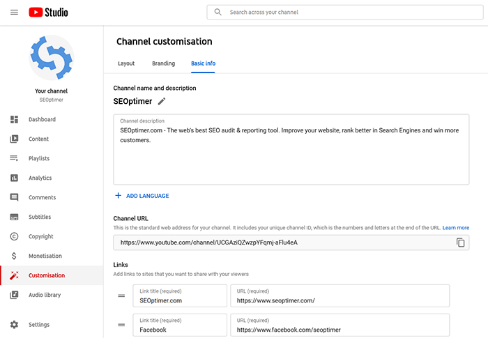 YouTube channel basic info